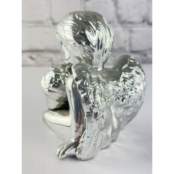 Vintage Silver Angel Figurine Cherub Statue 90s Holiday Decor Guardian Angel - Picture 11 of 16